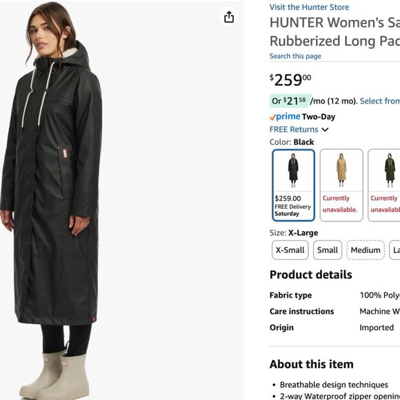 HUNTER Women's Sammy Rubberized Long Padded RAIN Coat - Picture 1 of 10